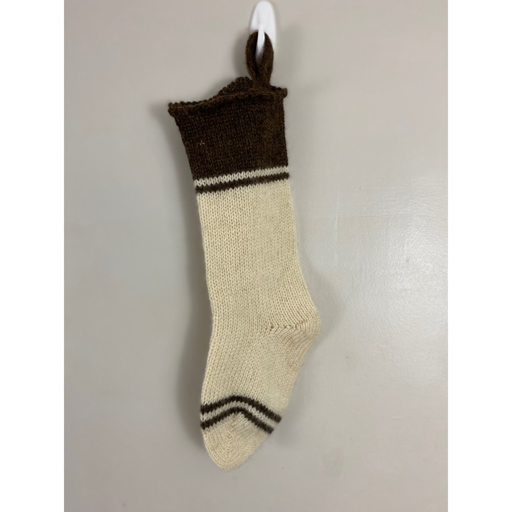 Home Made Christmas Stocking Unisex OS Cream Brown Hand Knit Wool Rustic Deco